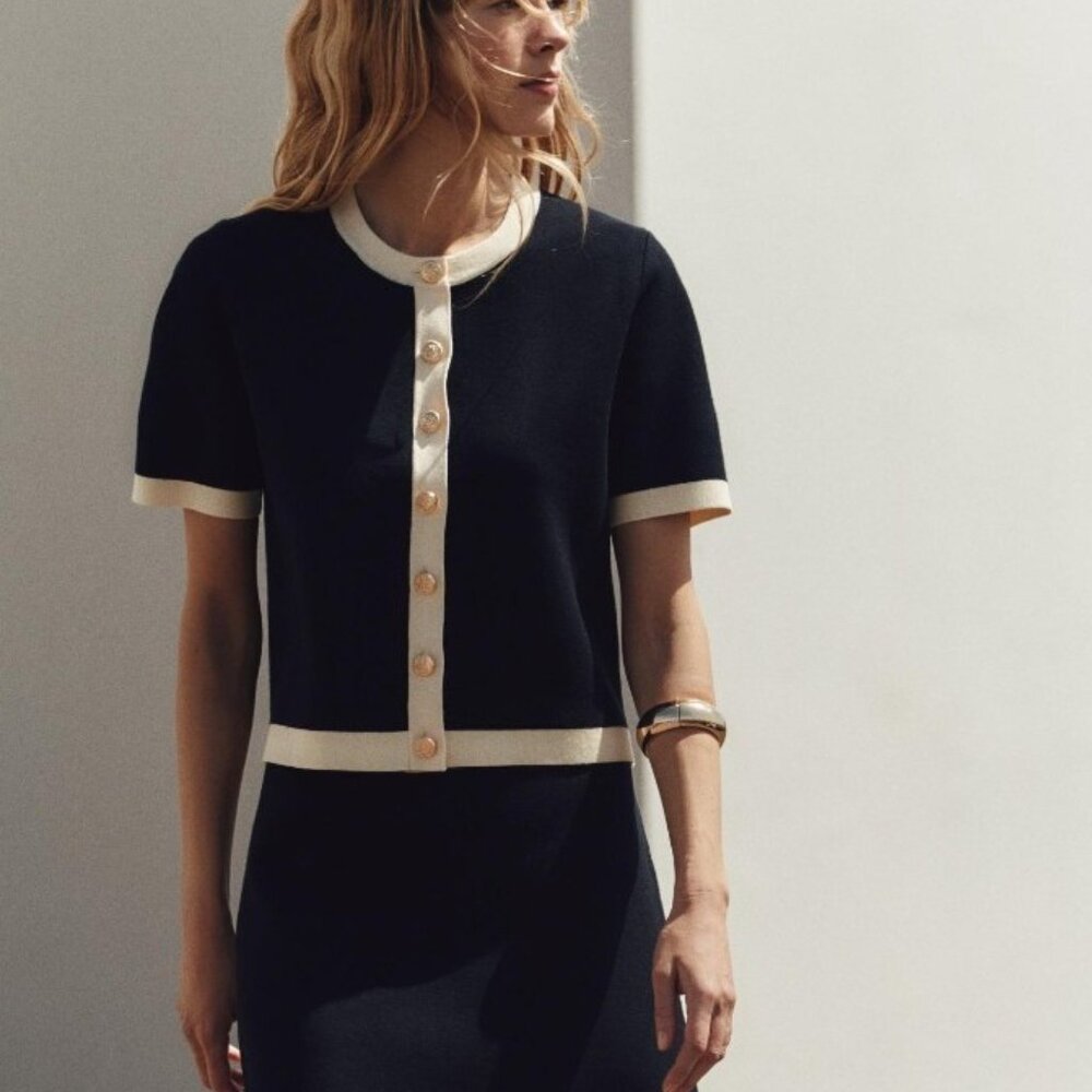 Zara Dark Navy Short-Sleeve Cardigan with Cream Trim